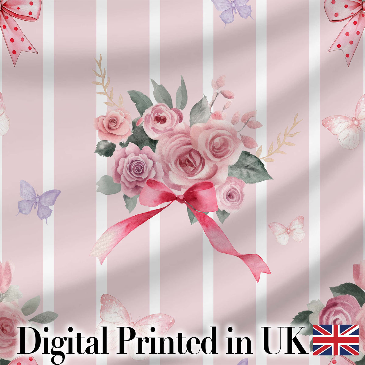 Cute Watercolor Roses Bouquet with Red Ribbon Blush Pink Stripe Background Digital Print Fabric by the Metre UK Sewing Quilting Textile