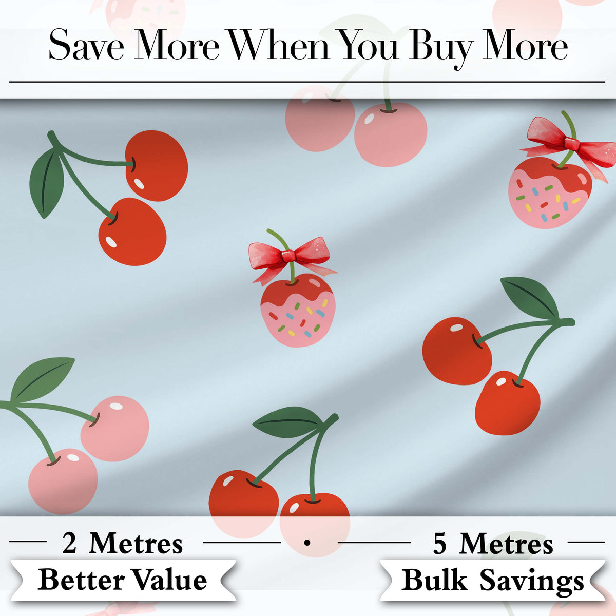 Cute Cherry Fruit with Bow and Sprinkles Pattern Pastel Blue Background Digital Print Fabric by the Metre UK Sewing Quilting Textile