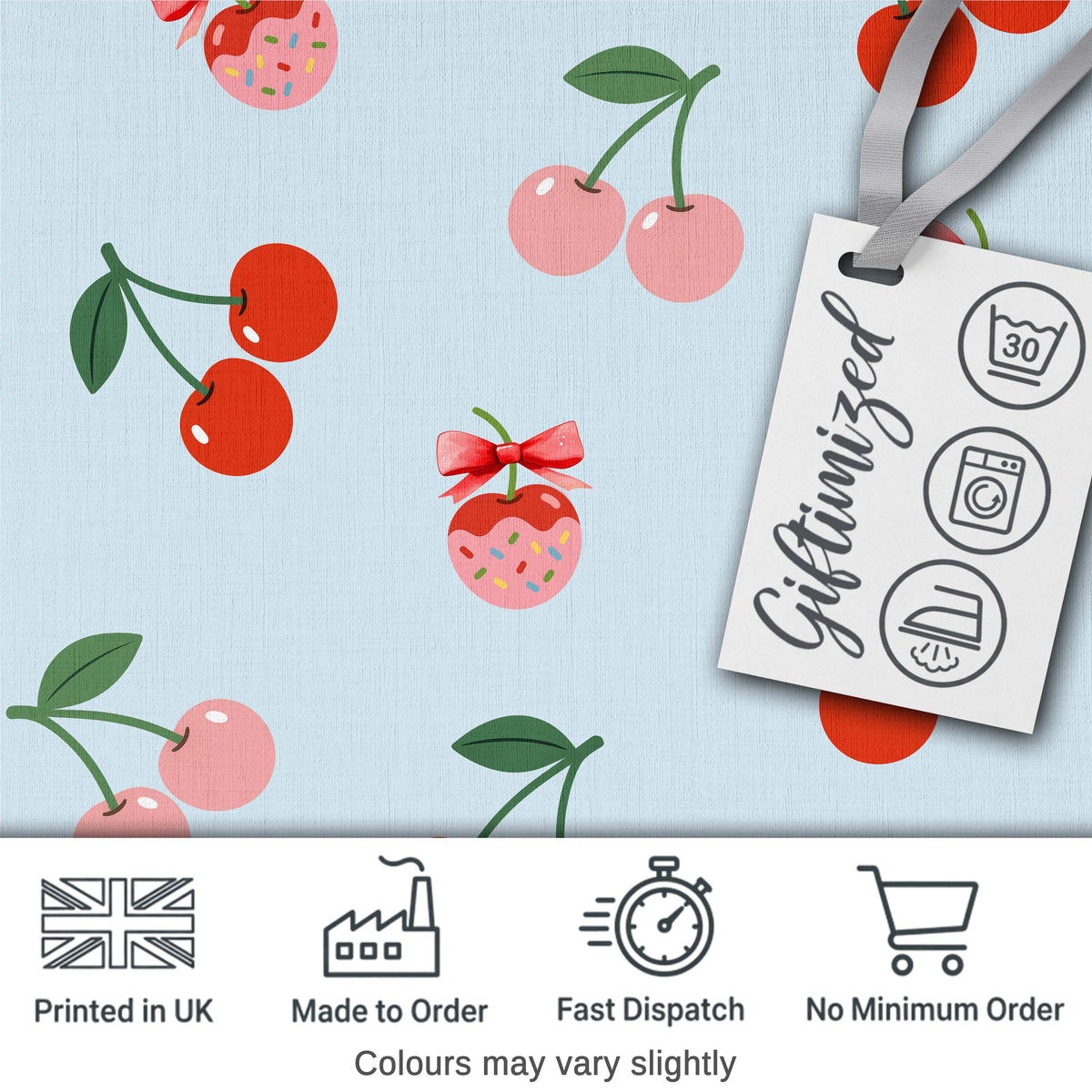 Cute Cherry Fruit with Bow and Sprinkles Pattern Pastel Blue Background Digital Print Fabric by the Metre UK Sewing Quilting Textile