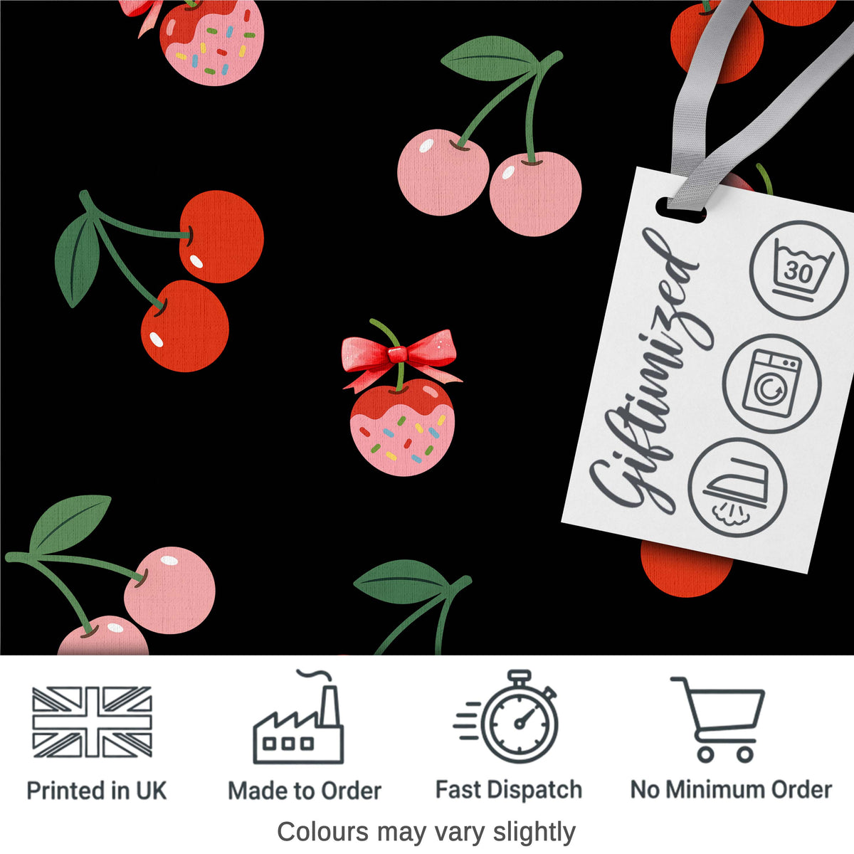 Cute Cherry Fruit with Bow and Sprinkles Seamless Pattern Black Background Digital Print Fabric by the Metre UK Sewing Quilting Textile