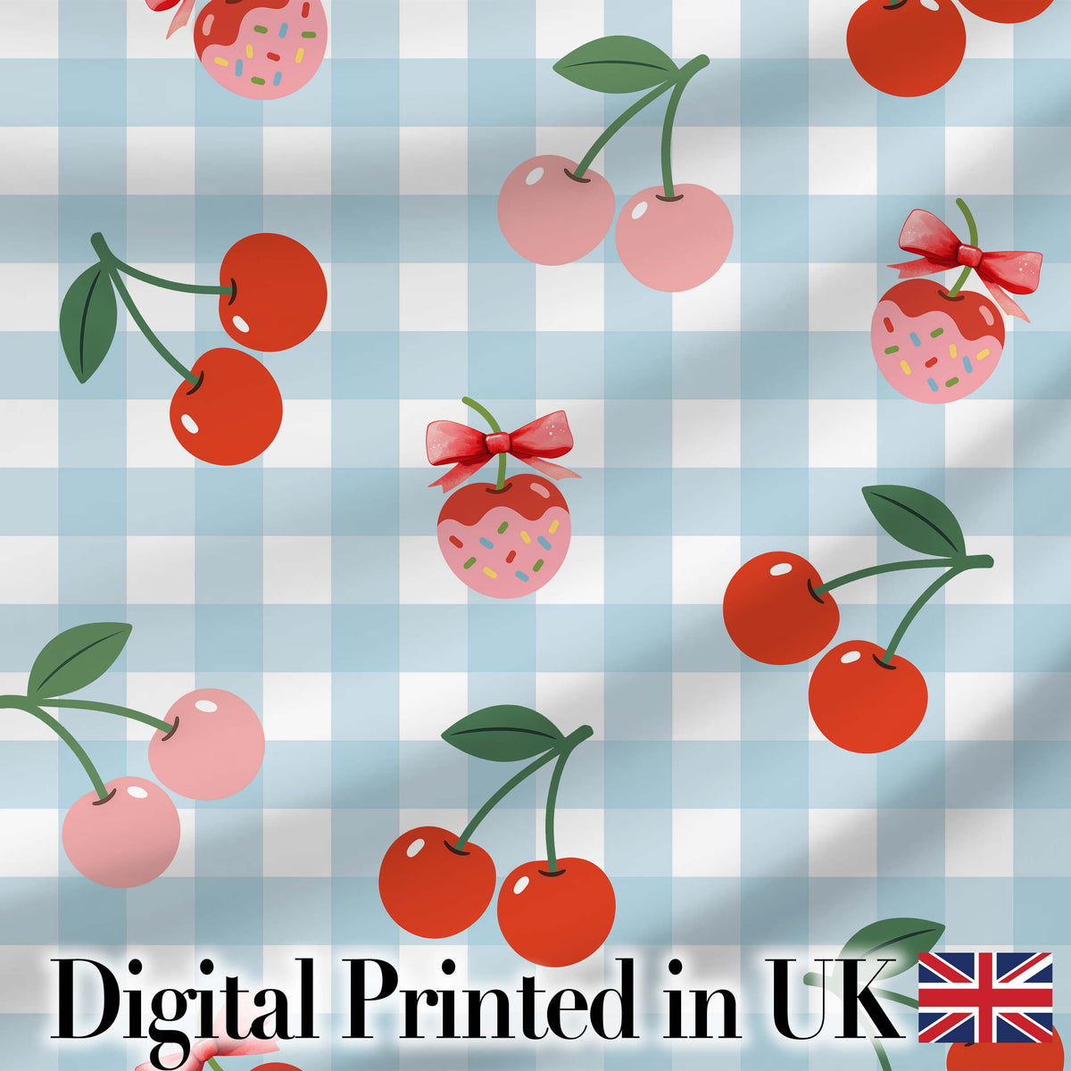 Cute Cherry Fruit with Bow and Sprinkles Pattern Blue Gingham Check Background Digital Print Fabric by the Metre UK Sewing Quilting Textile