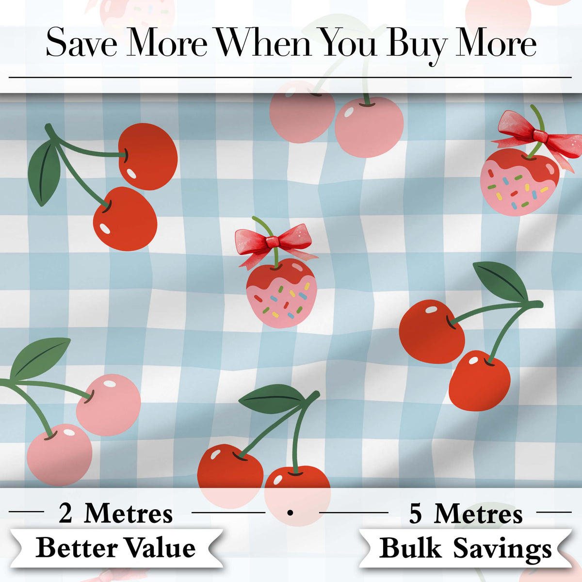 Cute Cherry Fruit with Bow and Sprinkles Pattern Blue Gingham Check Background Digital Print Fabric by the Metre UK Sewing Quilting Textile