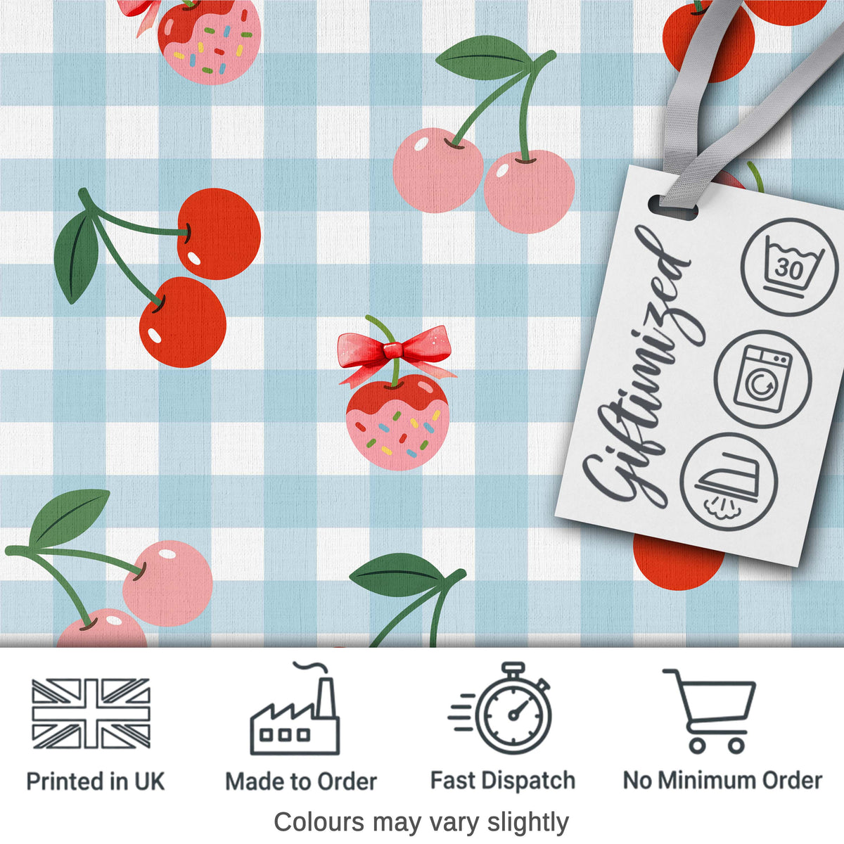 Cute Cherry Fruit with Bow and Sprinkles Pattern Blue Gingham Check Background Digital Print Fabric by the Metre UK Sewing Quilting Textile