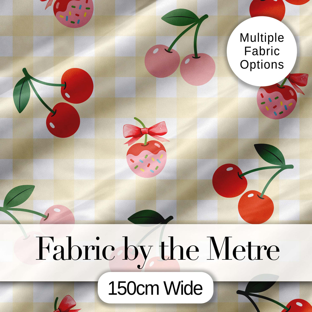 Cute Cherry Fruit with Bow and Sprinkles Yellow Gingham Check Background Digital Print Fabric by the Metre UK Sewing Quilting Textile