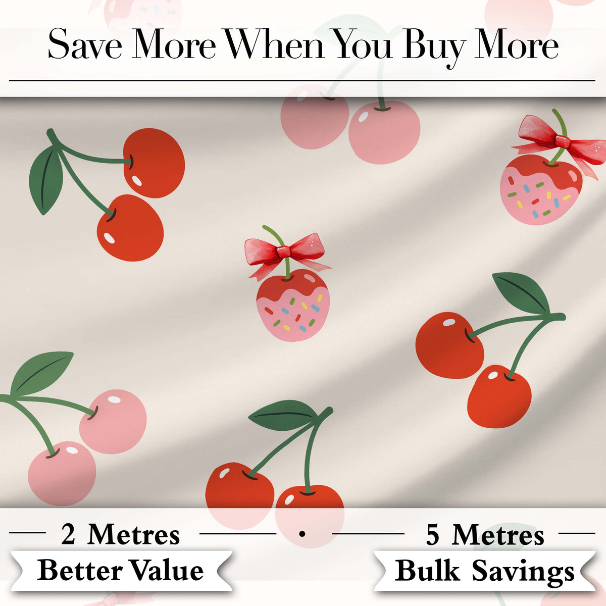 Cute Cherry Fruit with Bow and Sprinkles Seamless Pattern Warm Beige Background Digital Print Fabric by the Metre UK Sewing Quilting Textile