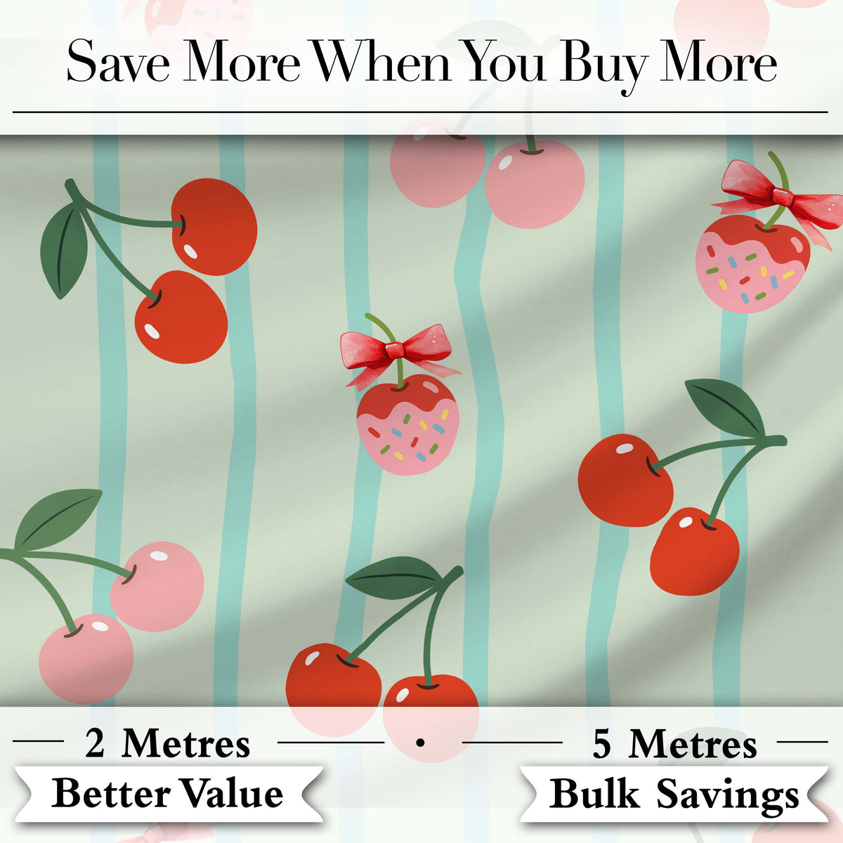 Cute Cherry Fruit with Bow and Sprinkles Pattern Mint Stripe Background Digital Print Fabric by the Metre UK Sewing Quilting Textile
