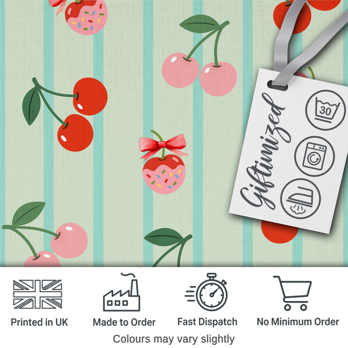 Cute Cherry Fruit with Bow and Sprinkles Pattern Mint Stripe Background Digital Print Fabric by the Metre UK Sewing Quilting Textile
