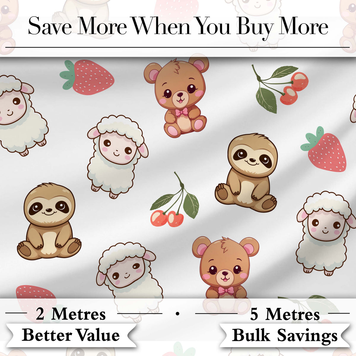 Cute Cute Animals Bear Sloth Sheep Strawberry Pattern Soft Grey Background Digital Print Fabric by the Metre UK Sewing Quilting Textile