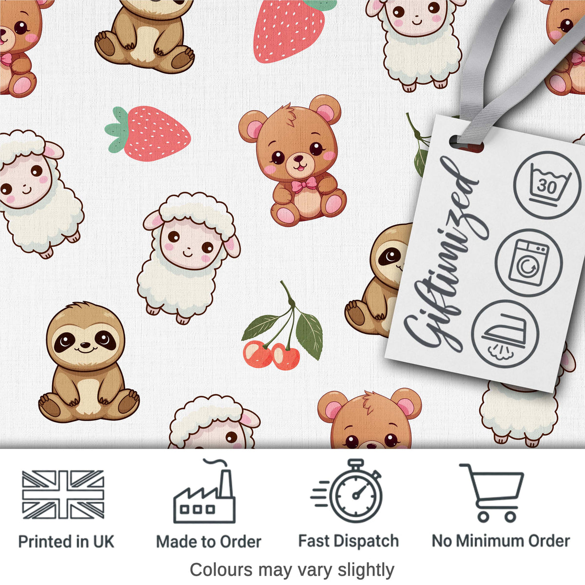 Cute Cute Animals Bear Sloth Sheep Strawberry Pattern Soft Grey Background Digital Print Fabric by the Metre UK Sewing Quilting Textile