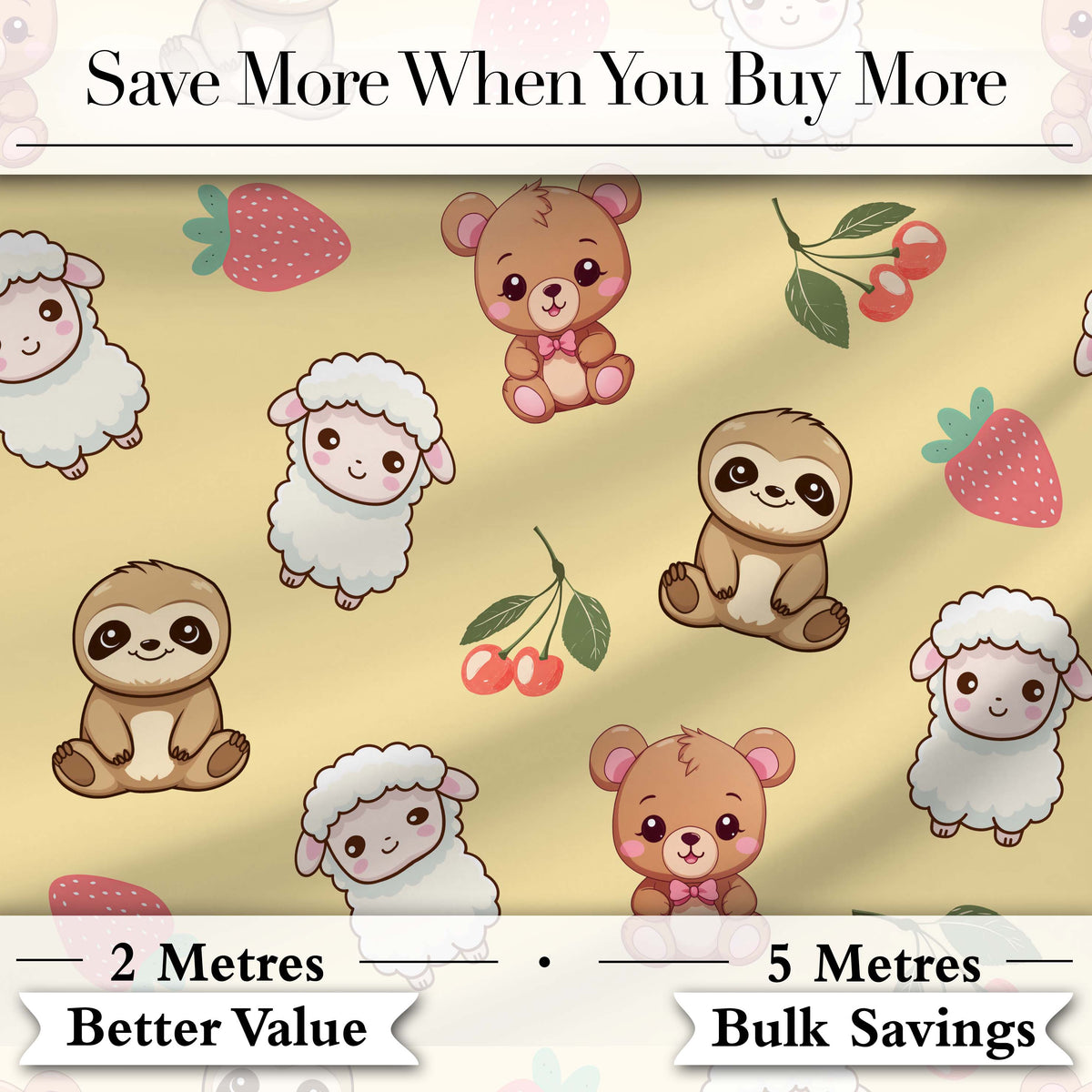Cute Cute Animals Bear Sloth Sheep Strawberry Pattern Warm Beige Background Digital Print Fabric by the Metre UK Sewing Quilting Textile