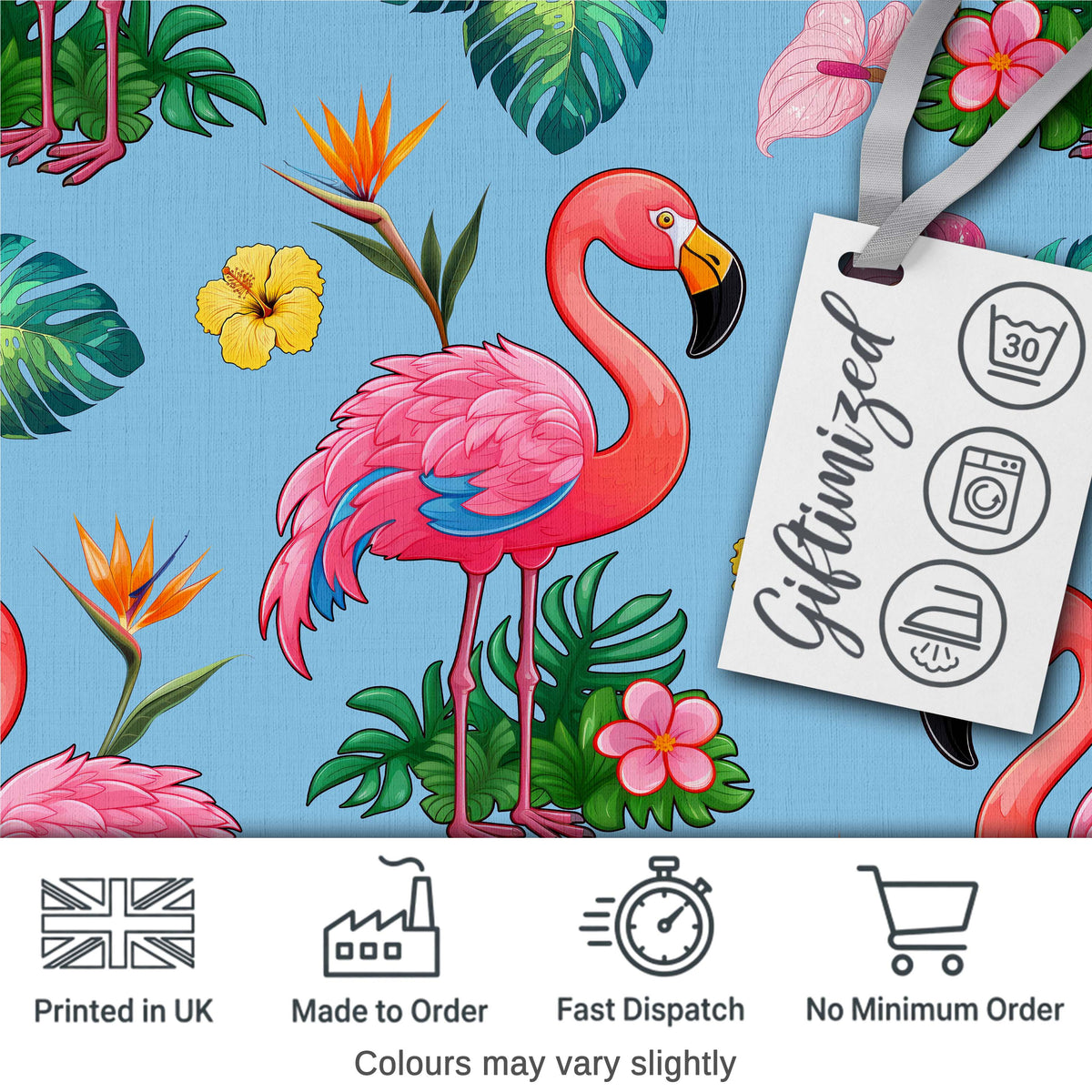 Tropical Flamingo Bird with Exotic Flowers Leaves Pattern Blue Background Digital Print Fabric by the Metre UK Sewing Quilting Textile