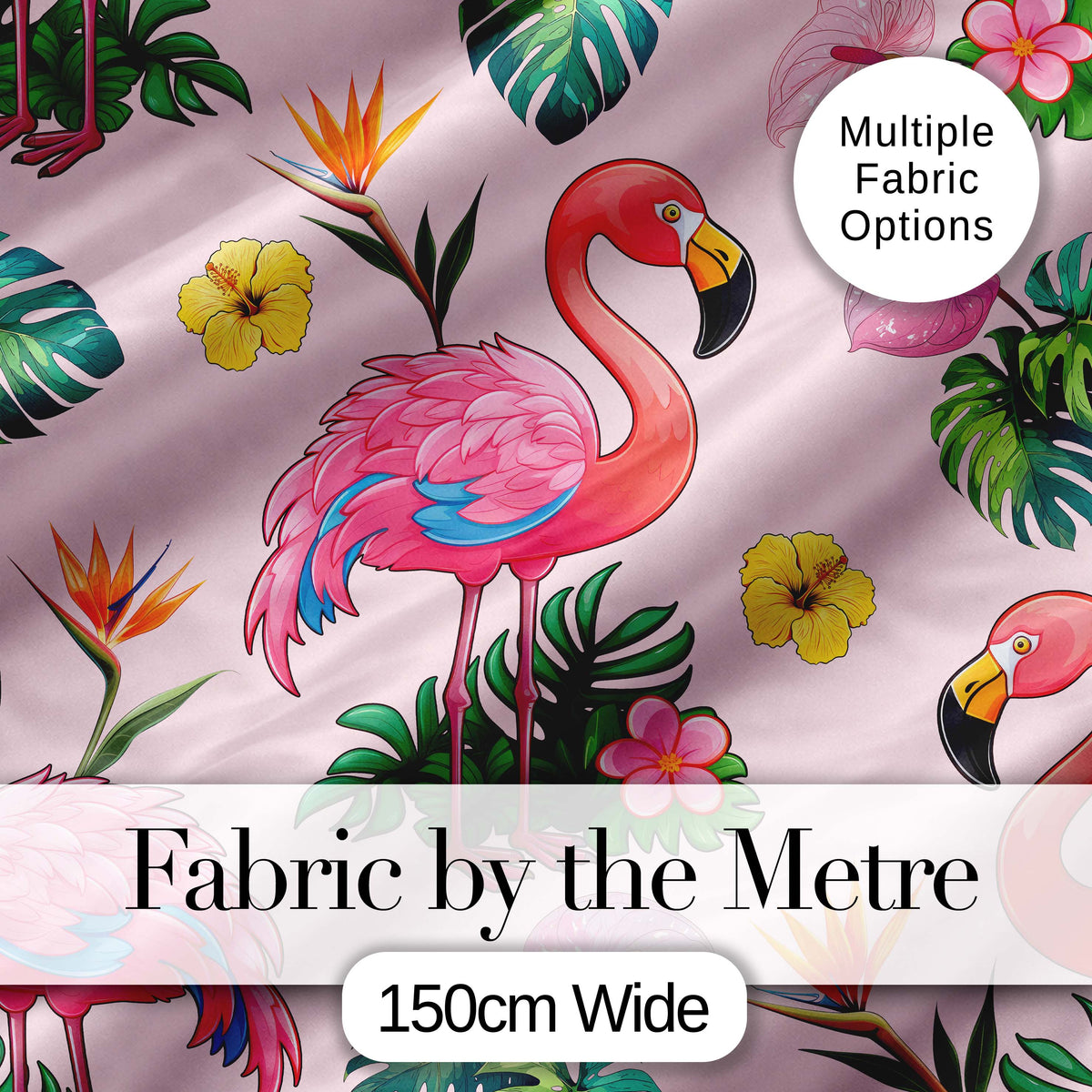 Tropical Flamingo Bird with Exotic Flowers Leaves Blush Pink Background Digital Print Fabric by the Metre UK Sewing Quilting Textile