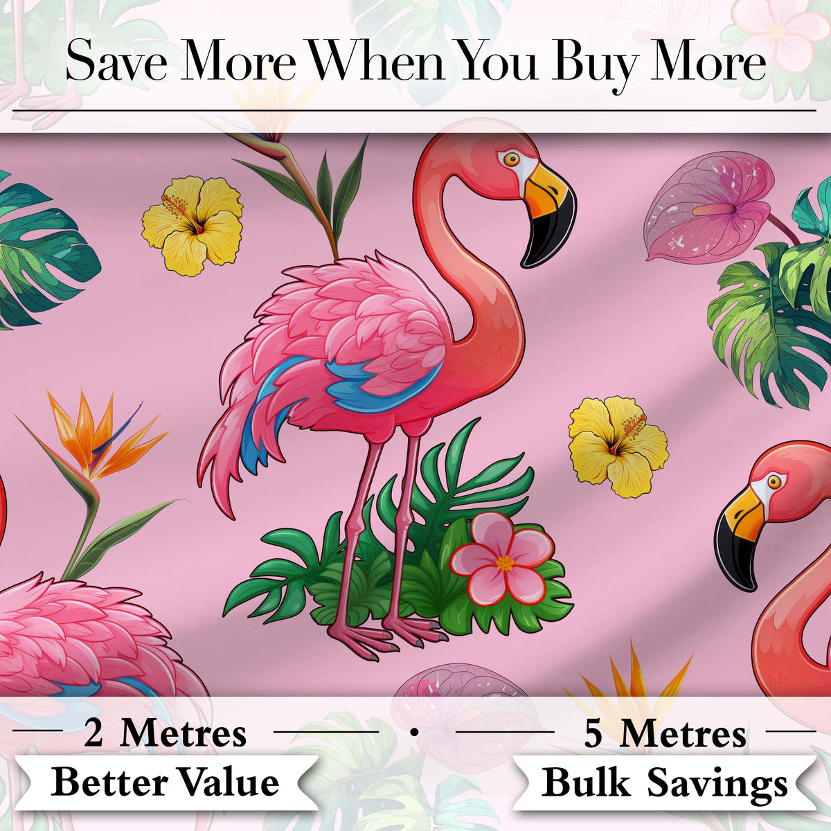 Tropical Flamingo Bird with Exotic Flowers Leaves Pattern Soft Pink Background Digital Print Fabric by the Metre UK Sewing Quilting Textile