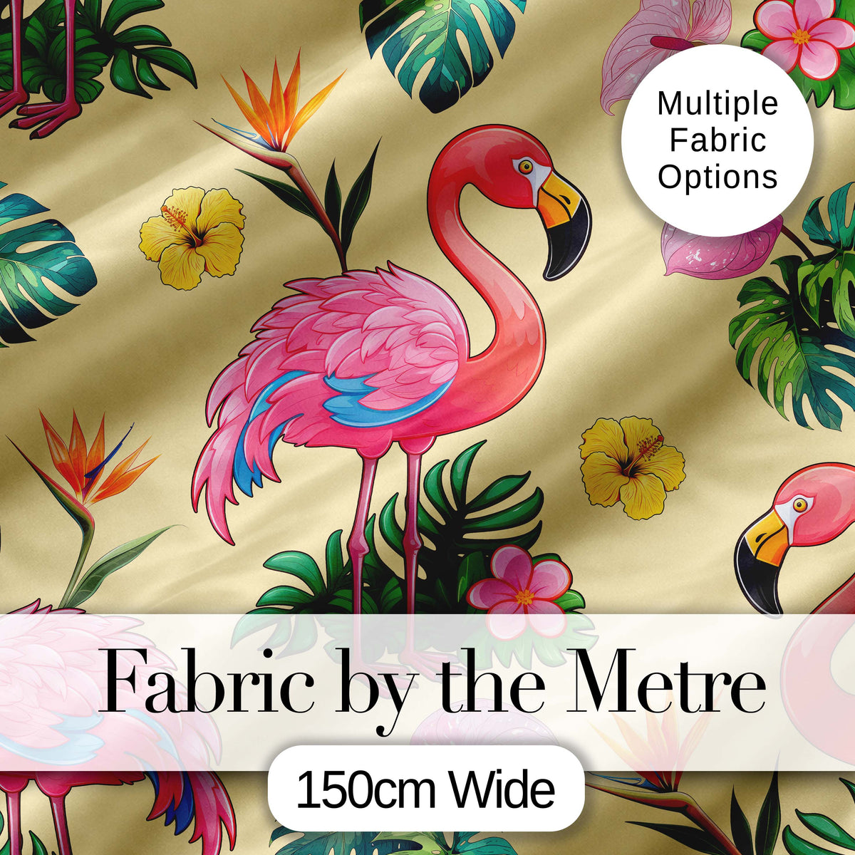 Tropical Flamingo Bird with Exotic Flowers Leaves Pattern Yellow Background Digital Print Fabric by the Metre UK Sewing Quilting Textile
