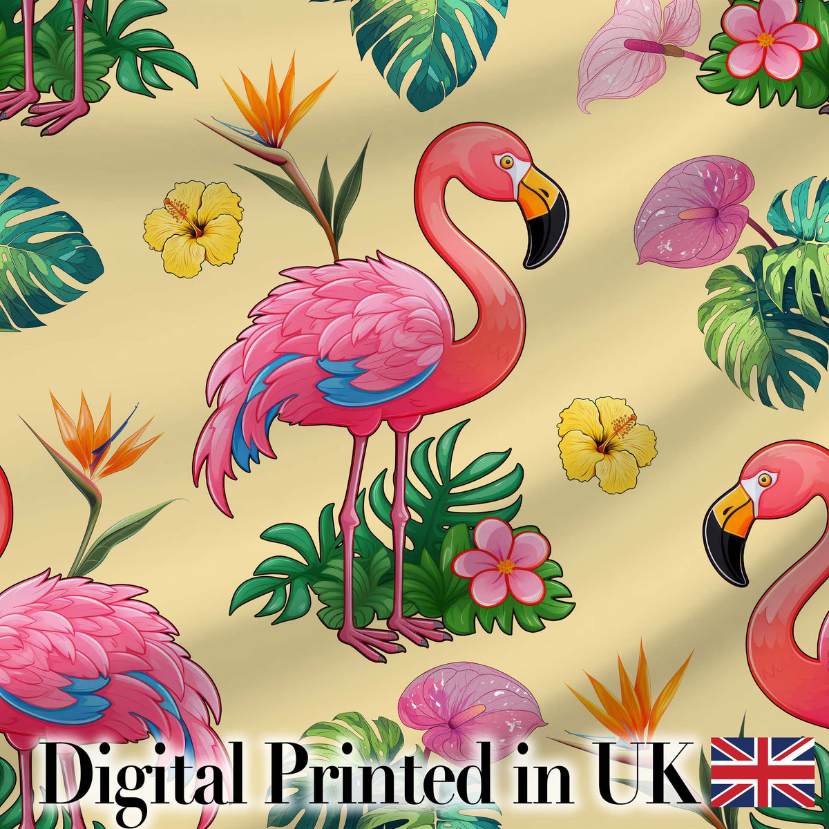 Tropical Flamingo Bird with Exotic Flowers Leaves Pattern Yellow Background Digital Print Fabric by the Metre UK Sewing Quilting Textile