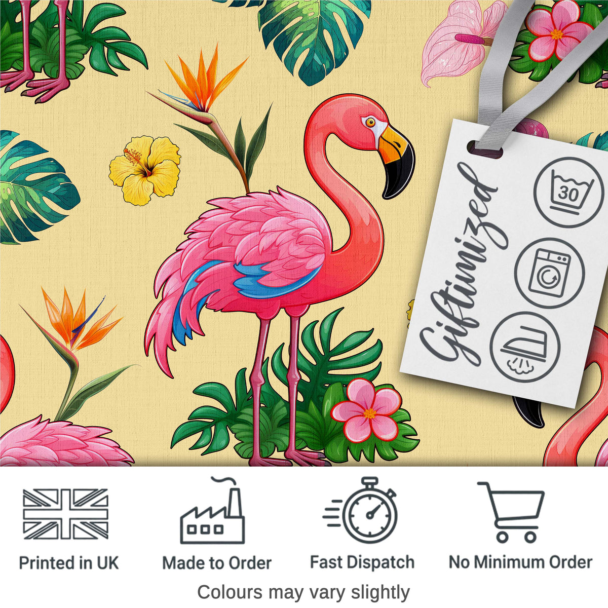 Tropical Flamingo Bird with Exotic Flowers Leaves Pattern Yellow Background Digital Print Fabric by the Metre UK Sewing Quilting Textile