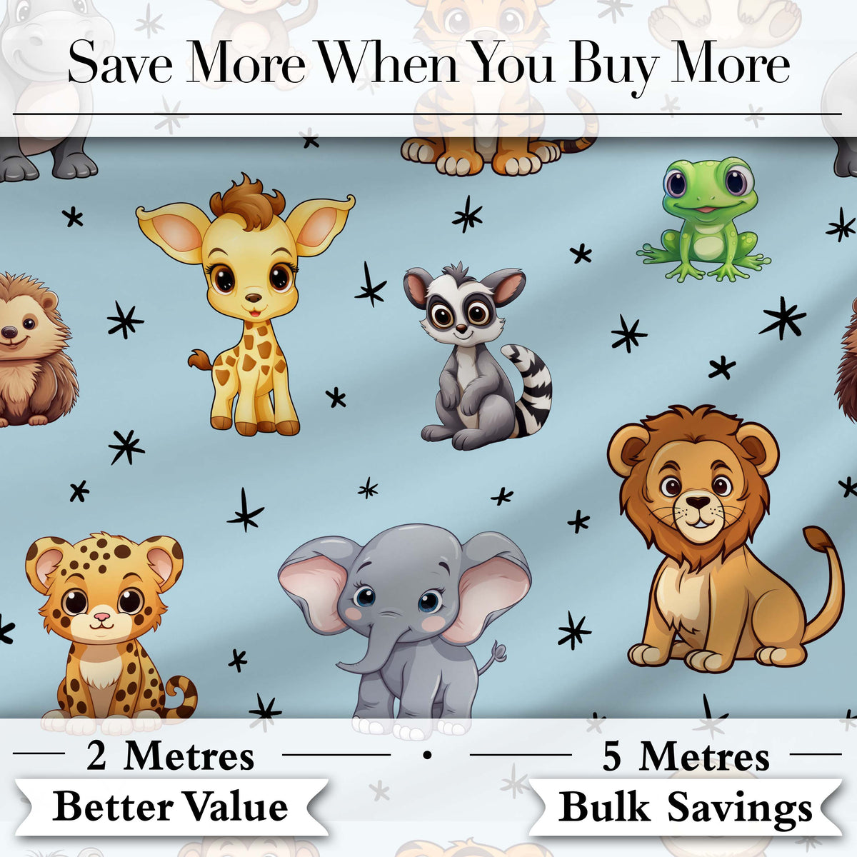 Cute Jungle Baby Animals Lion Tiger Elephant Giraffe Pattern Blue Background Digital Print Fabric by the Metre UK Sewing Quilting Textile