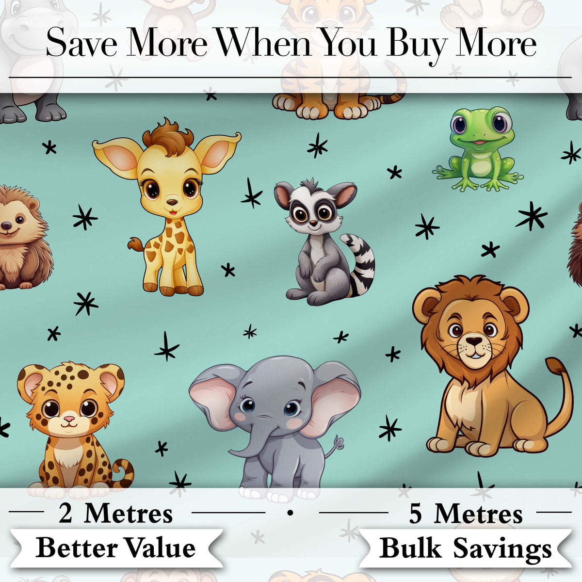 Cute Jungle Baby Animals Lion Tiger Elephant Giraffe Pattern Mint Background Digital Print Fabric by the Metre UK Sewing Quilting Textile