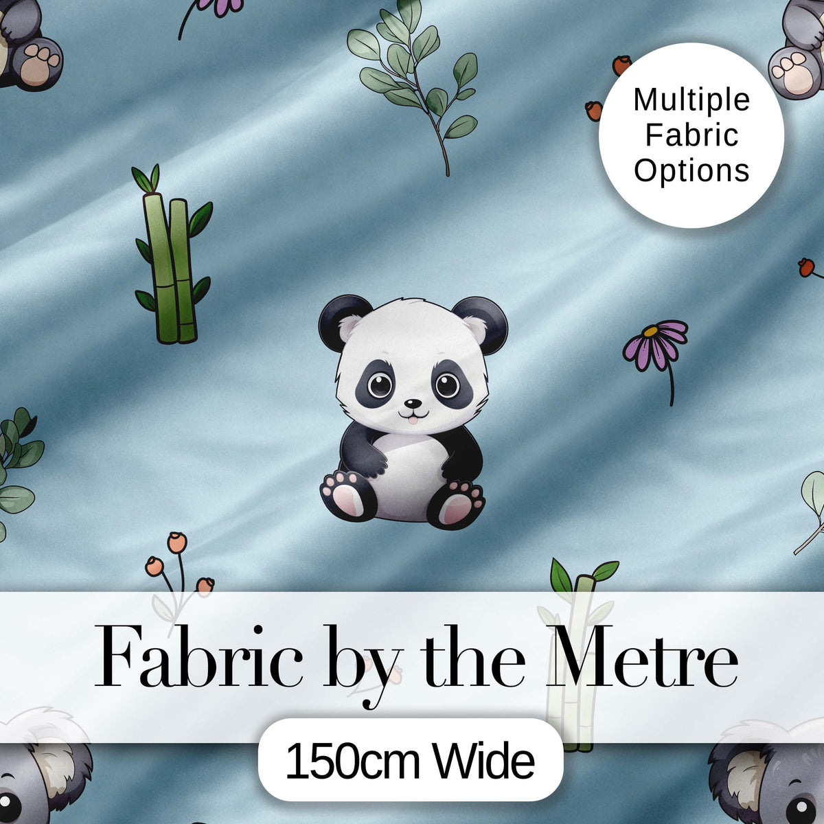 Cute Panda Bear with Bamboo Leaves Floral Seamless Pattern Blue Background Digital Print Fabric by the Metre UK Sewing Quilting Textile