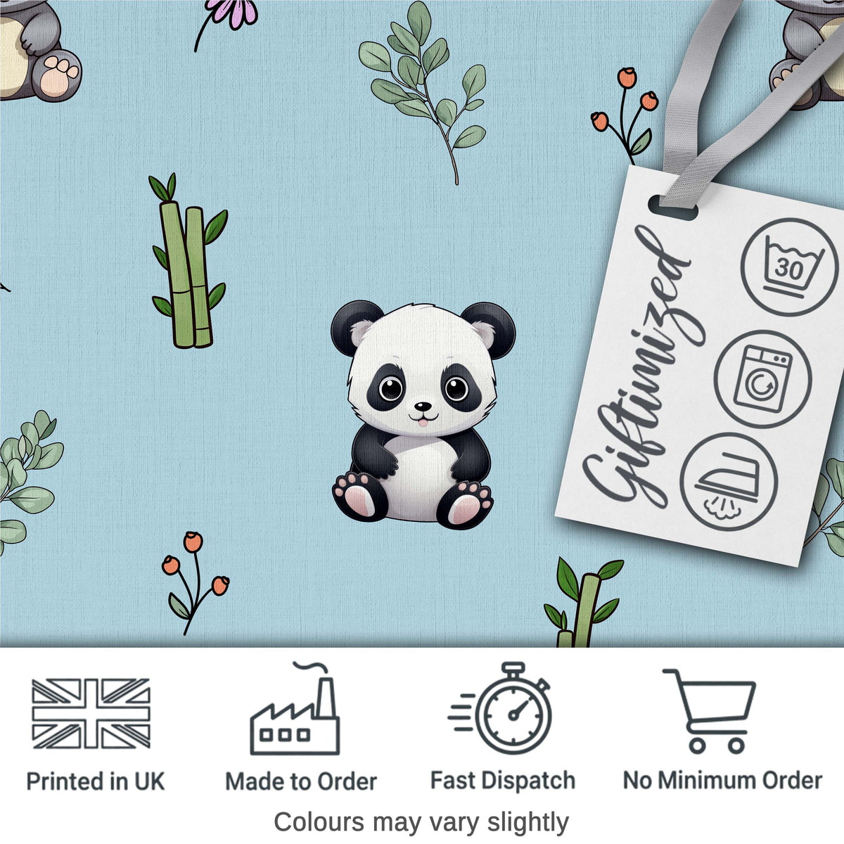 Cute Panda Bear with Bamboo Leaves Floral Seamless Pattern Blue Background Digital Print Fabric by the Metre UK Sewing Quilting Textile