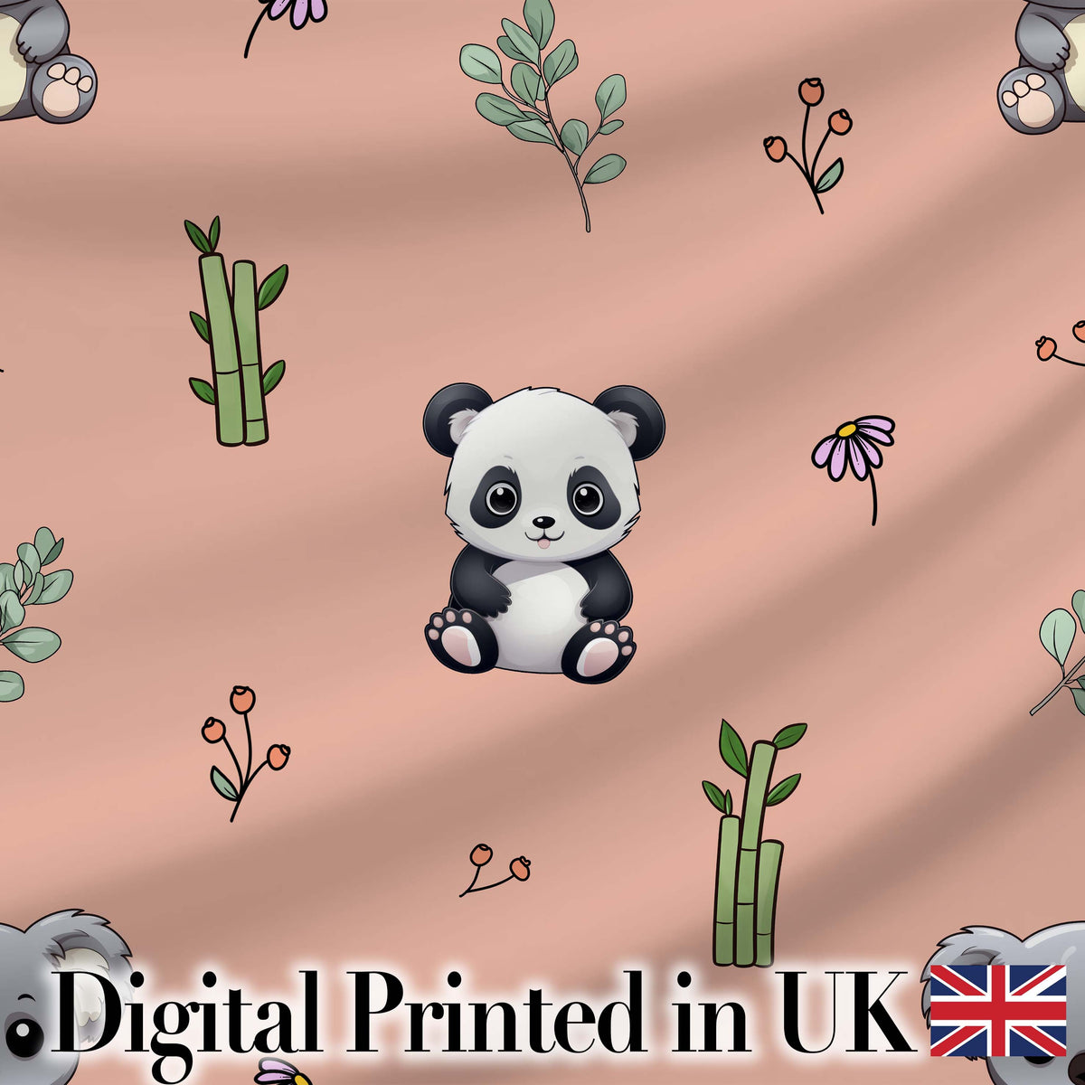 Cute Panda Bear with Bamboo Leaves Floral Seamless Pattern Peach Background Digital Print Fabric by the Metre UK Sewing Quilting Textile