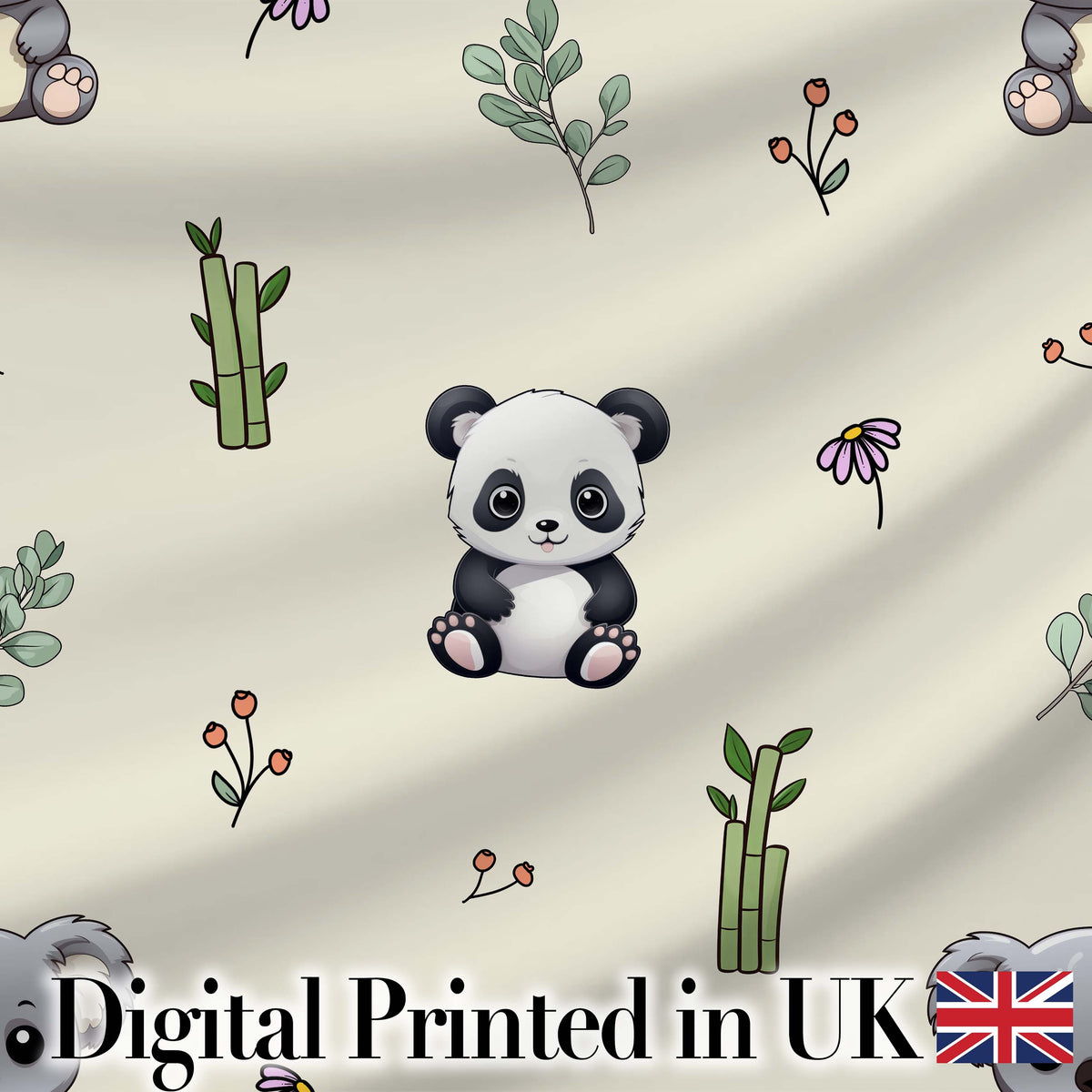 Cute Panda Bear with Bamboo Leaves Floral Seamless Pattern Cream Background Digital Print Fabric by the Metre UK Sewing Quilting Textile