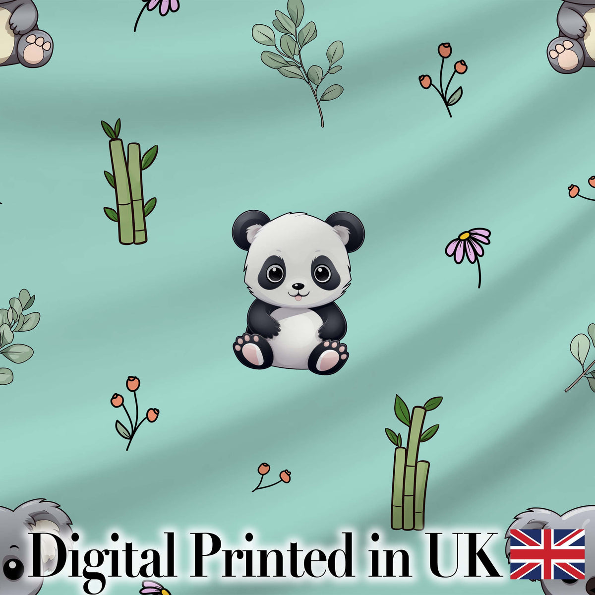 Cute Panda Bear with Bamboo Leaves Floral Seamless Pattern Teal Background Digital Print Fabric by the Metre UK Sewing Quilting Textile