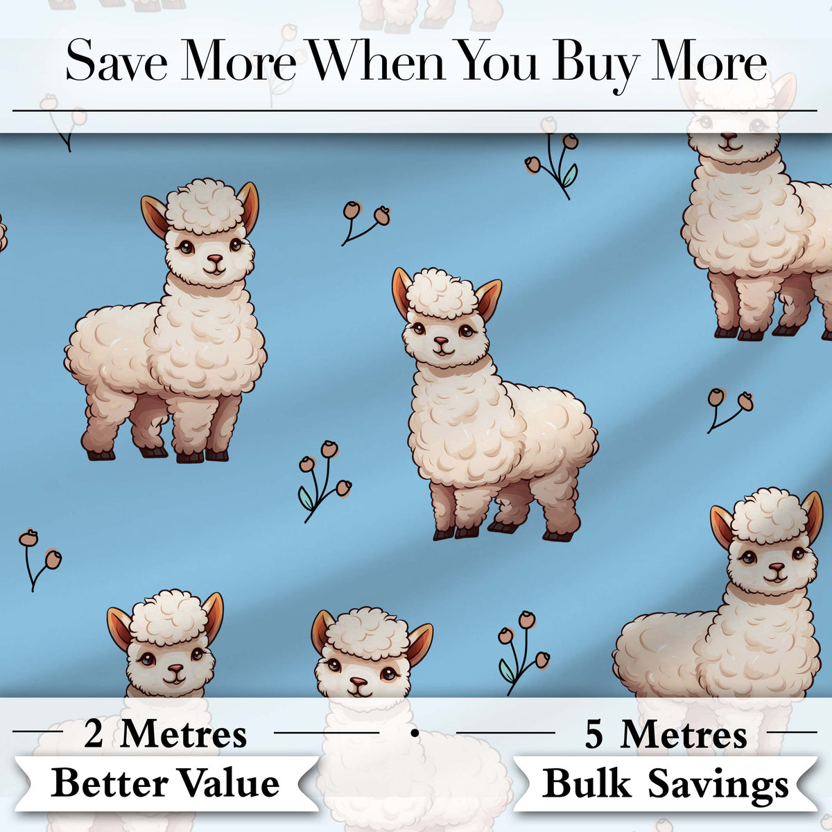 Cute Alpaca Llama Farm Animals Floral Seamless Pattern Sky Blue Background Digital Print Fabric by the Metre UK Sewing Quilting Textile