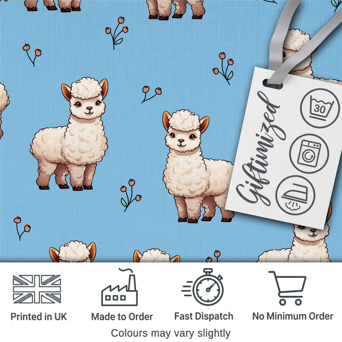 Cute Alpaca Llama Farm Animals Floral Seamless Pattern Sky Blue Background Digital Print Fabric by the Metre UK Sewing Quilting Textile