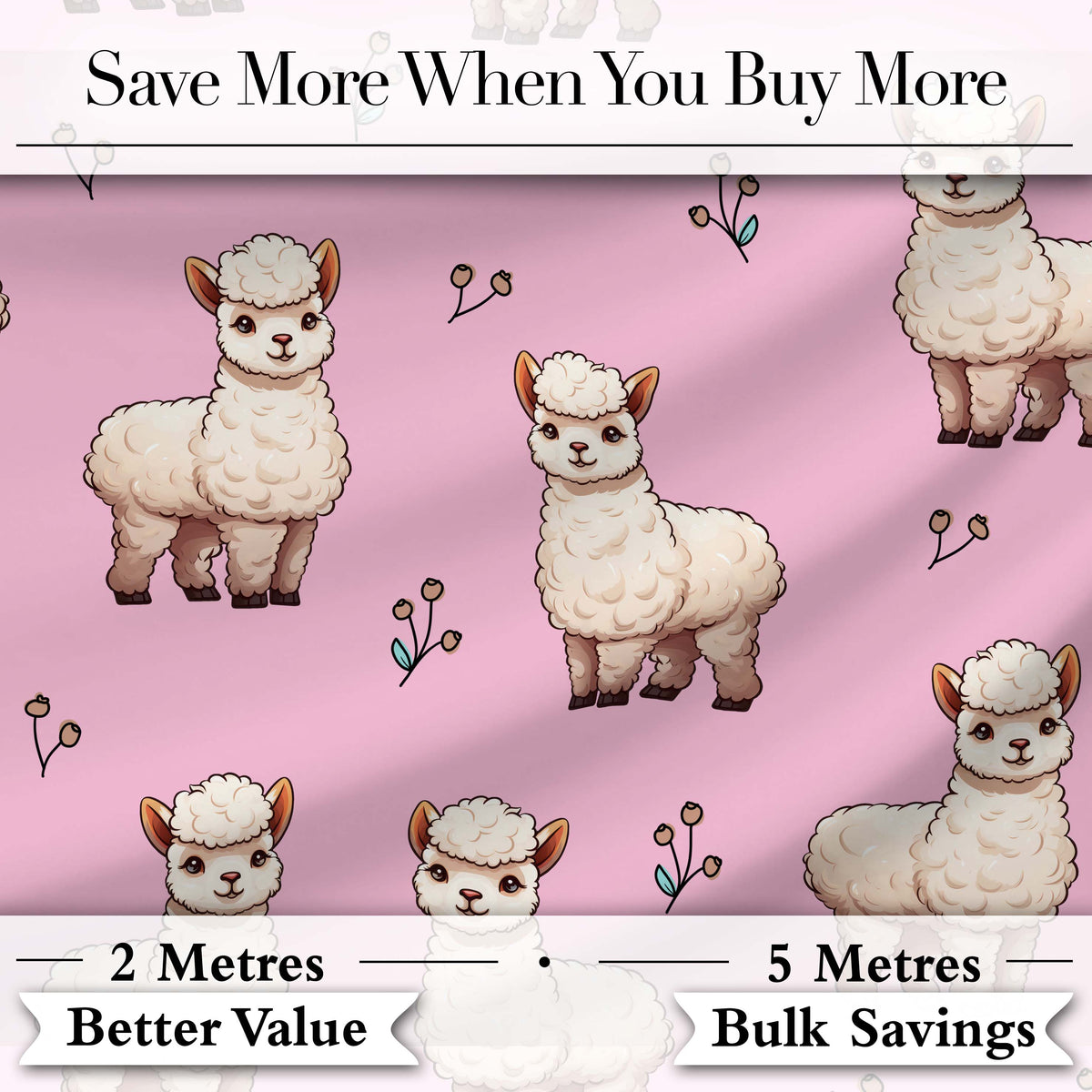 Cute Alpaca Llama Farm Animals Floral Seamless Pattern Soft Pink Background Digital Print Fabric by the Metre UK Sewing Quilting Textile