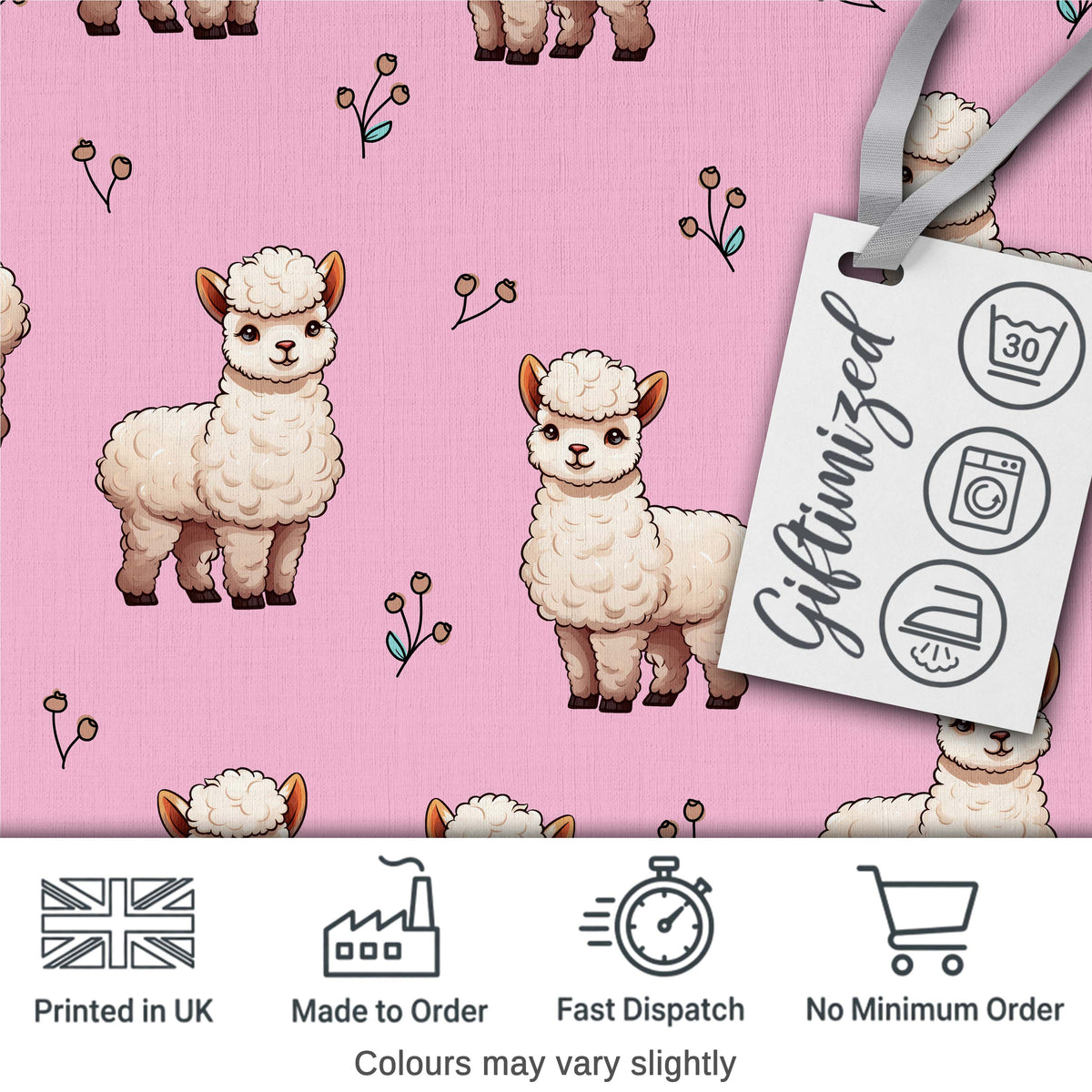 Cute Alpaca Llama Farm Animals Floral Seamless Pattern Soft Pink Background Digital Print Fabric by the Metre UK Sewing Quilting Textile