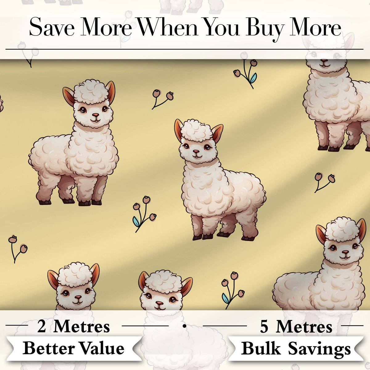 Cute Alpaca Llama Farm Animals Floral Seamless Pattern Warm Beige Background Digital Print Fabric by the Metre UK Sewing Quilting Textile