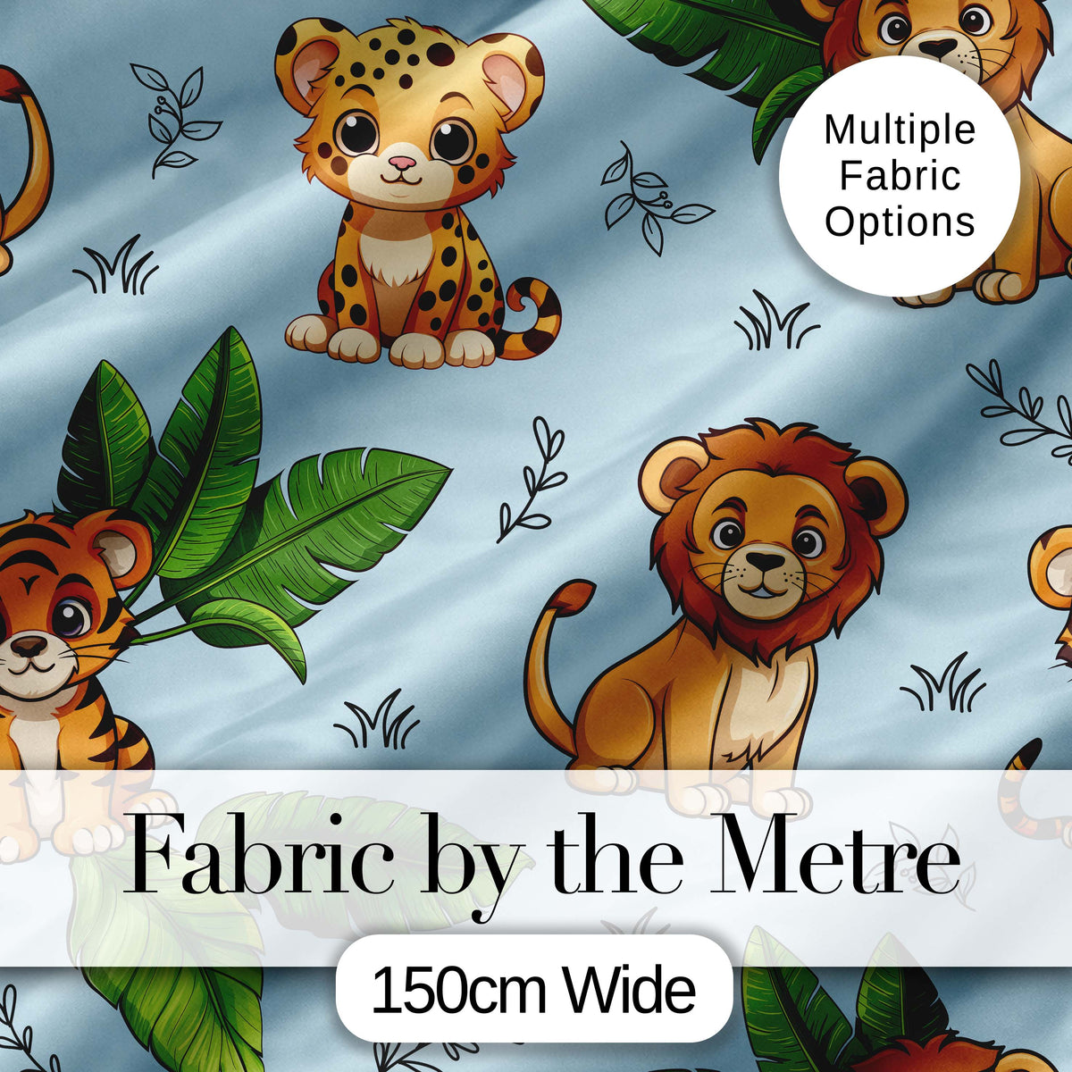 Cute Jungle Animals Lion Tiger Leopard Tropical Leaves Pattern Blue Background Digital Print Fabric by the Metre UK Sewing Quilting Textile