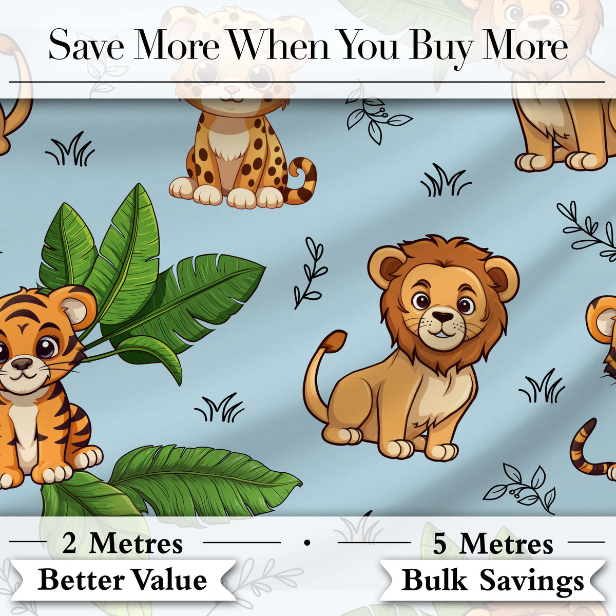 Cute Jungle Animals Lion Tiger Leopard Tropical Leaves Pattern Blue Background Digital Print Fabric by the Metre UK Sewing Quilting Textile