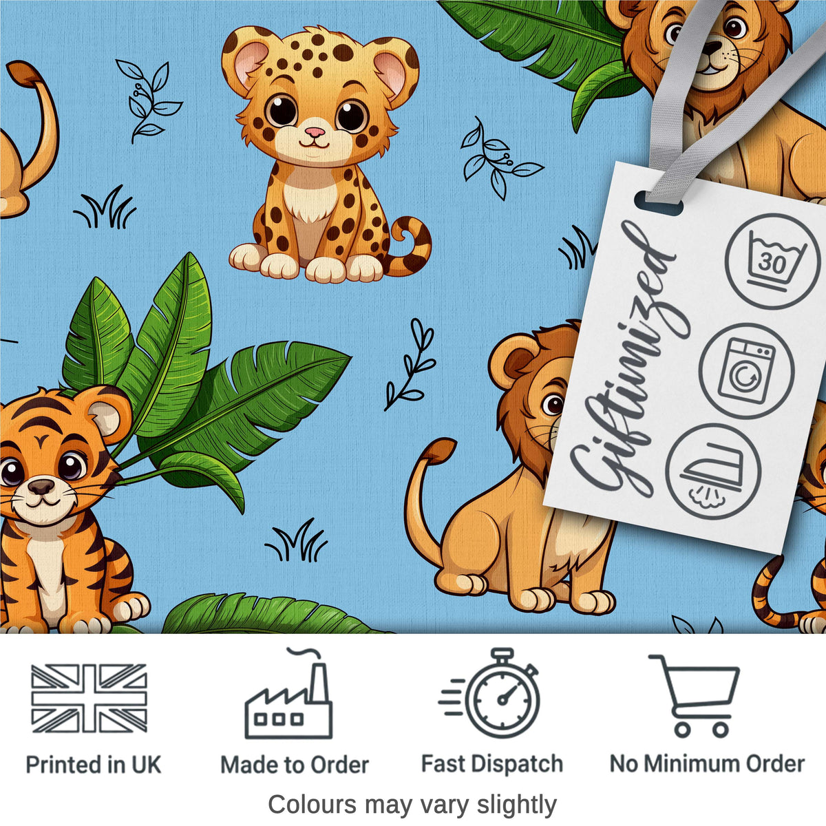 Cute Jungle Animals Lion Tiger Leopard Tropical Leaves Sky Blue Background Digital Print Fabric by the Metre UK Sewing Quilting Textile