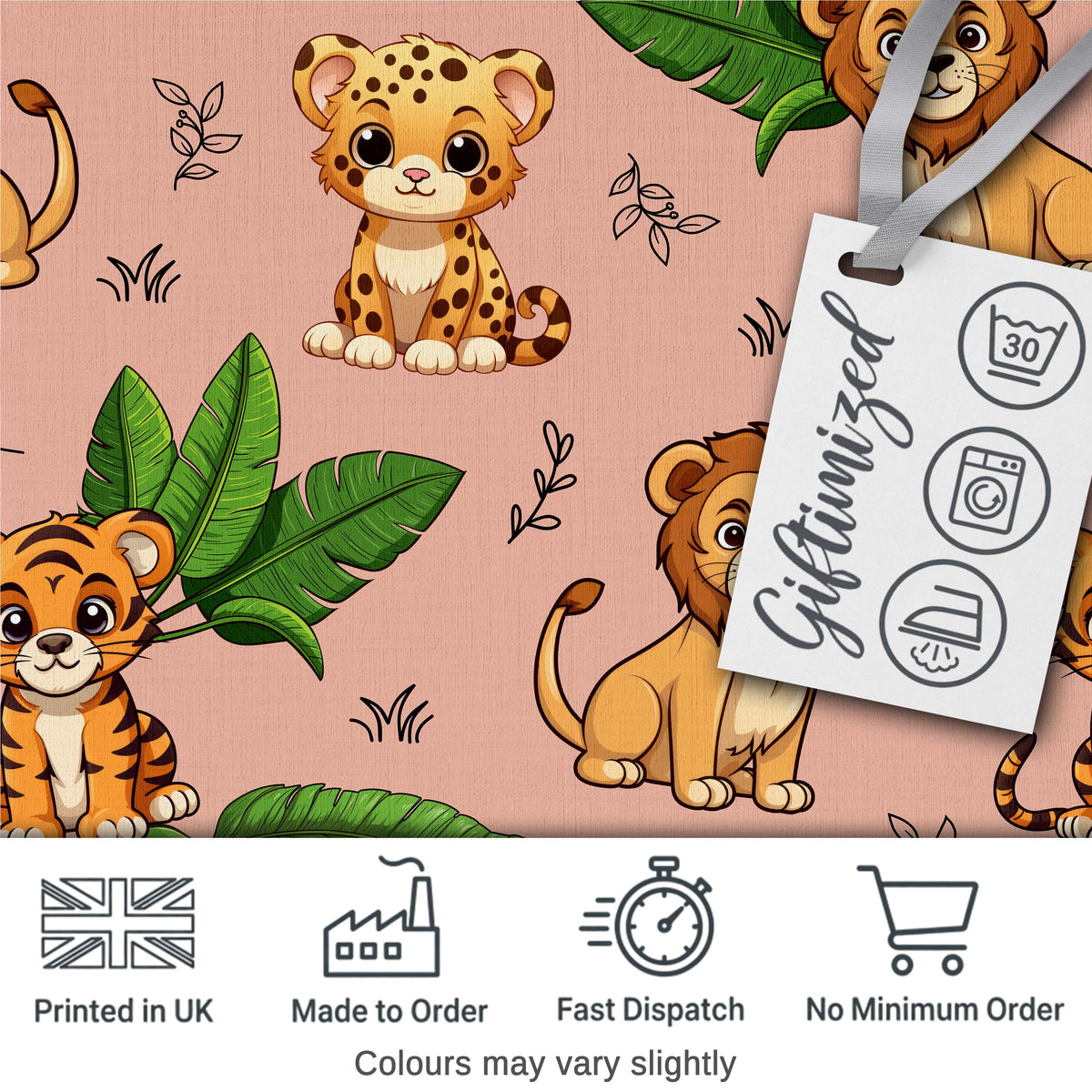 Cute Jungle Animals Lion Tiger Leopard Tropical Leaves Peach Background Digital Print Fabric by the Metre UK Sewing Quilting Textile