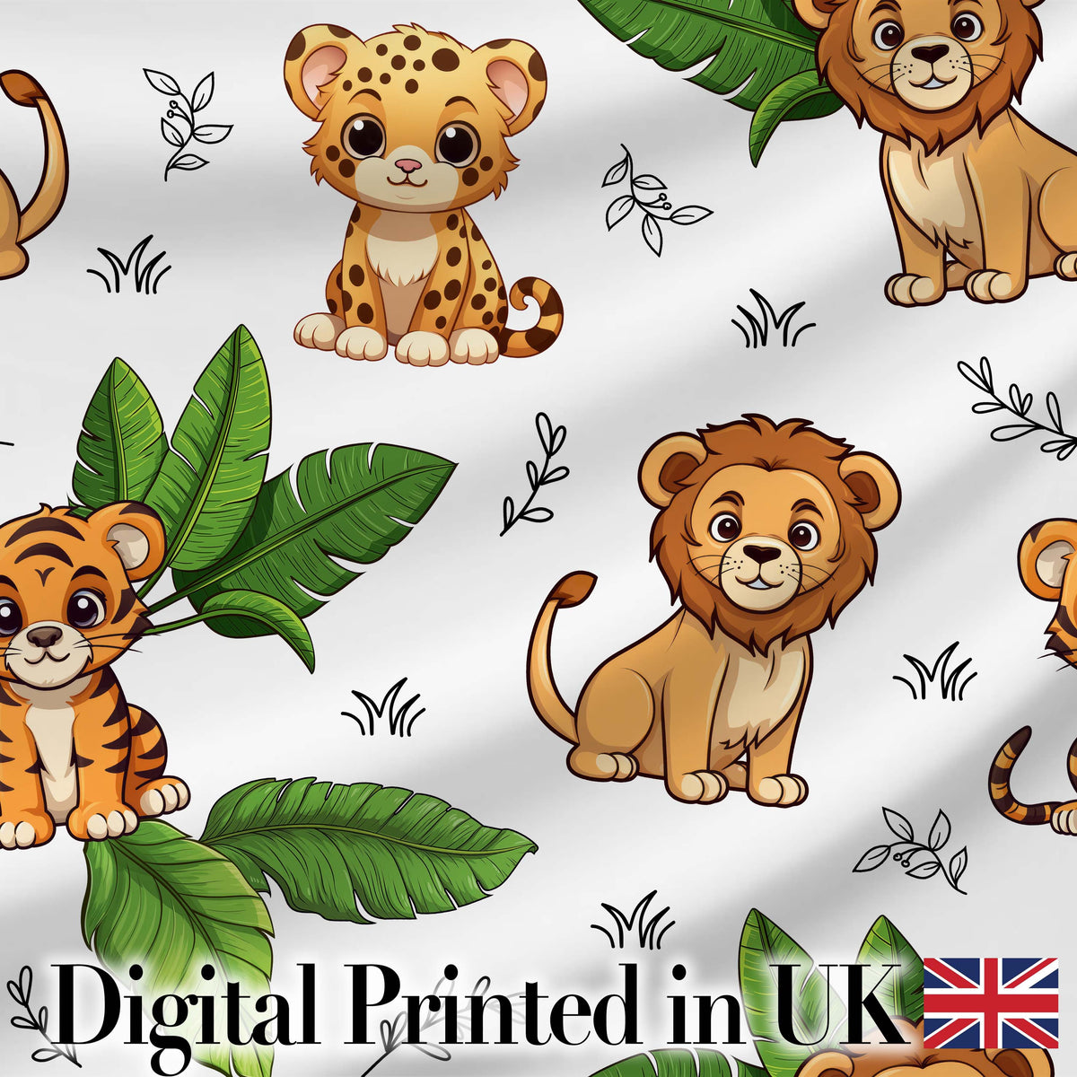 Cute Jungle Animals Lion Tiger Leopard Tropical Leaves Light Grey Background Digital Print Fabric by the Metre UK Sewing Quilting Textile