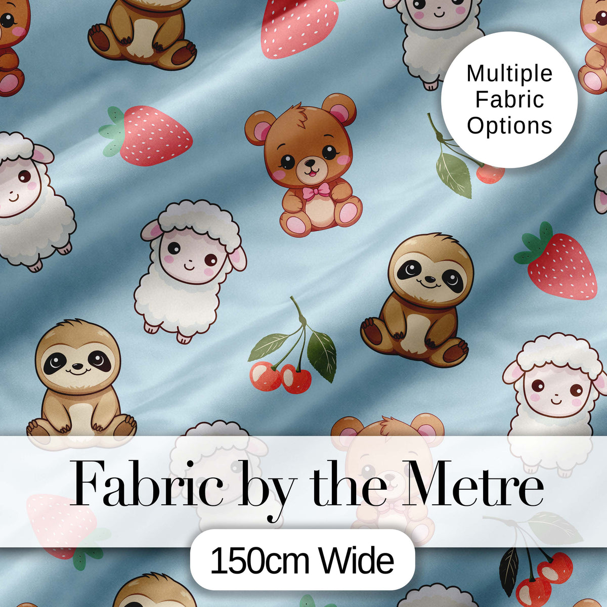 Cute Cute Baby Animals Bear Sheep Sloth Strawberry Cherry Blue Background Digital Print Fabric by the Metre UK Sewing Quilting Textile