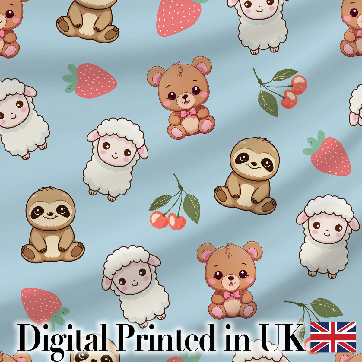 Cute Cute Baby Animals Bear Sheep Sloth Strawberry Cherry Blue Background Digital Print Fabric by the Metre UK Sewing Quilting Textile