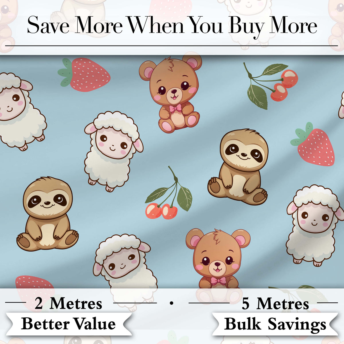 Cute Cute Baby Animals Bear Sheep Sloth Strawberry Cherry Blue Background Digital Print Fabric by the Metre UK Sewing Quilting Textile