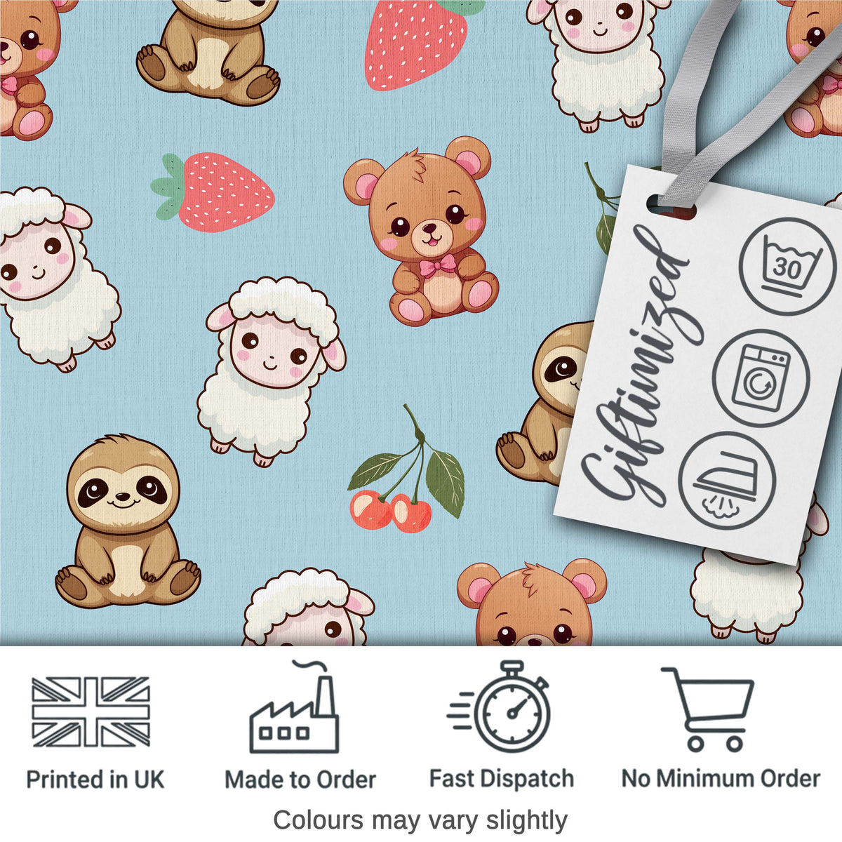 Cute Cute Baby Animals Bear Sheep Sloth Strawberry Cherry Blue Background Digital Print Fabric by the Metre UK Sewing Quilting Textile
