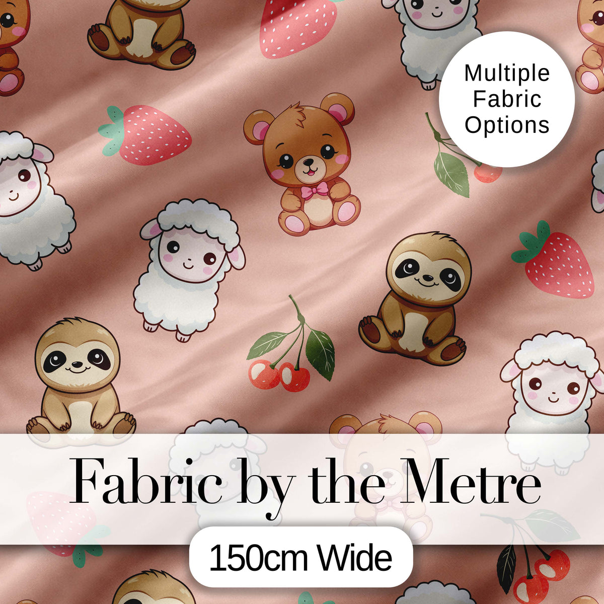 Cute Cute Baby Animals Bear Sheep Sloth Strawberry Cherry Peach Background Digital Print Fabric by the Metre UK Sewing Quilting Textile