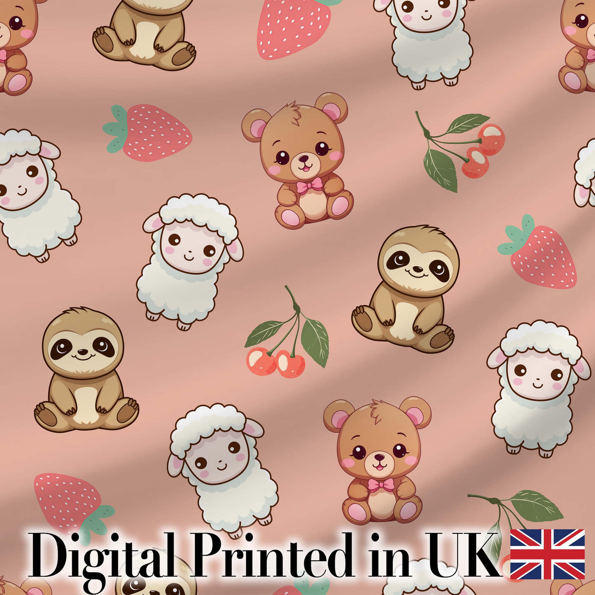 Cute Cute Baby Animals Bear Sheep Sloth Strawberry Cherry Peach Background Digital Print Fabric by the Metre UK Sewing Quilting Textile