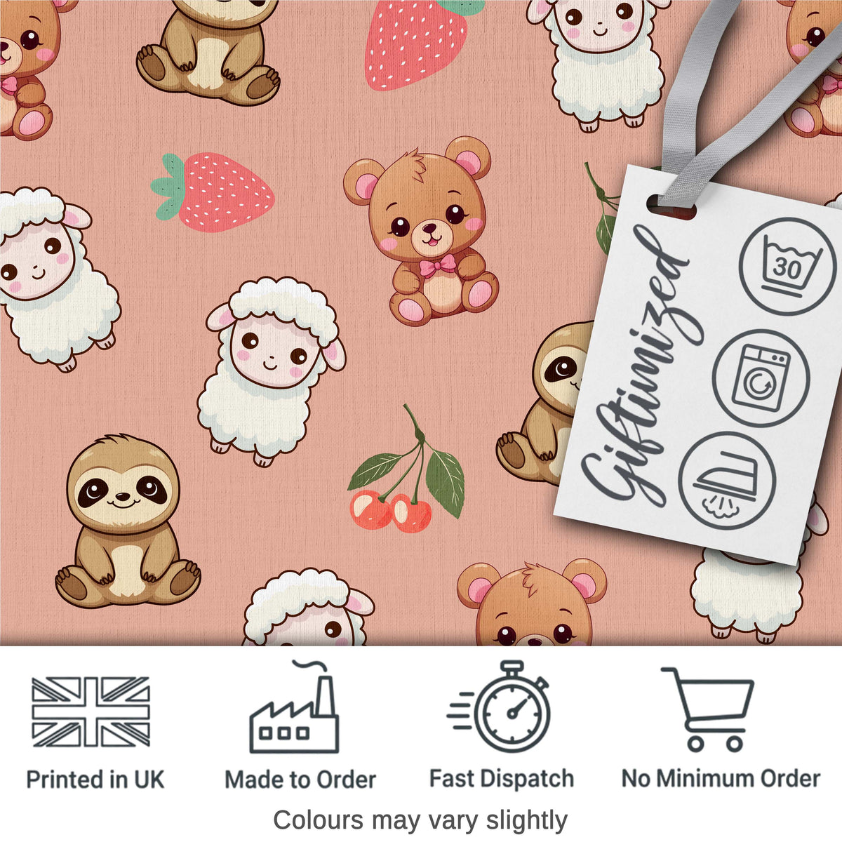 Cute Cute Baby Animals Bear Sheep Sloth Strawberry Cherry Peach Background Digital Print Fabric by the Metre UK Sewing Quilting Textile