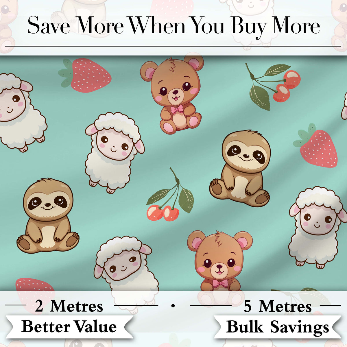 Cute Cute Baby Animals Bear Sheep Sloth Strawberry Cherry Mint Background Digital Print Fabric by the Metre UK Sewing Quilting Textile