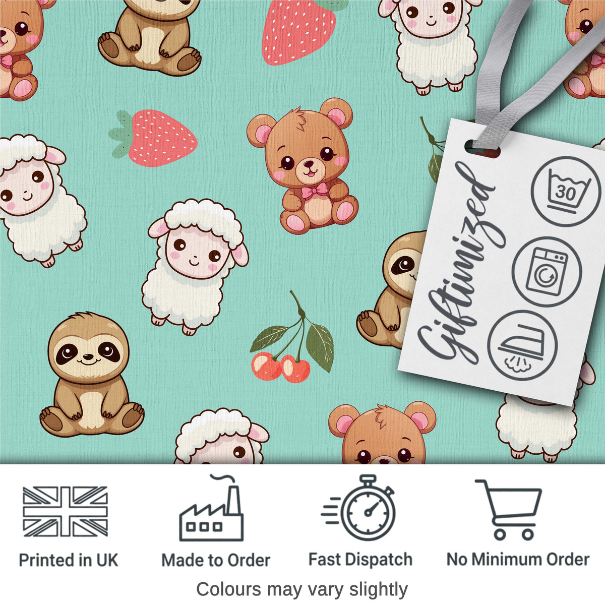 Cute Cute Baby Animals Bear Sheep Sloth Strawberry Cherry Mint Background Digital Print Fabric by the Metre UK Sewing Quilting Textile