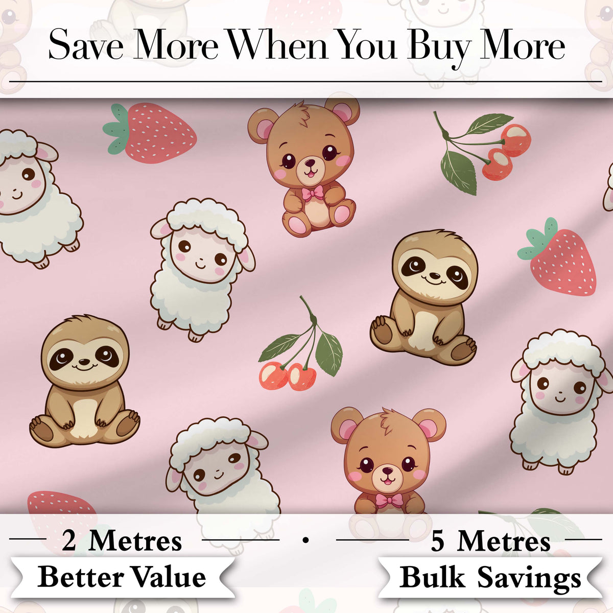 Cute Cute Baby Animals Bear Sheep Sloth Strawberry Cherry Pink Background Digital Print Fabric by the Metre UK Sewing Quilting Textile