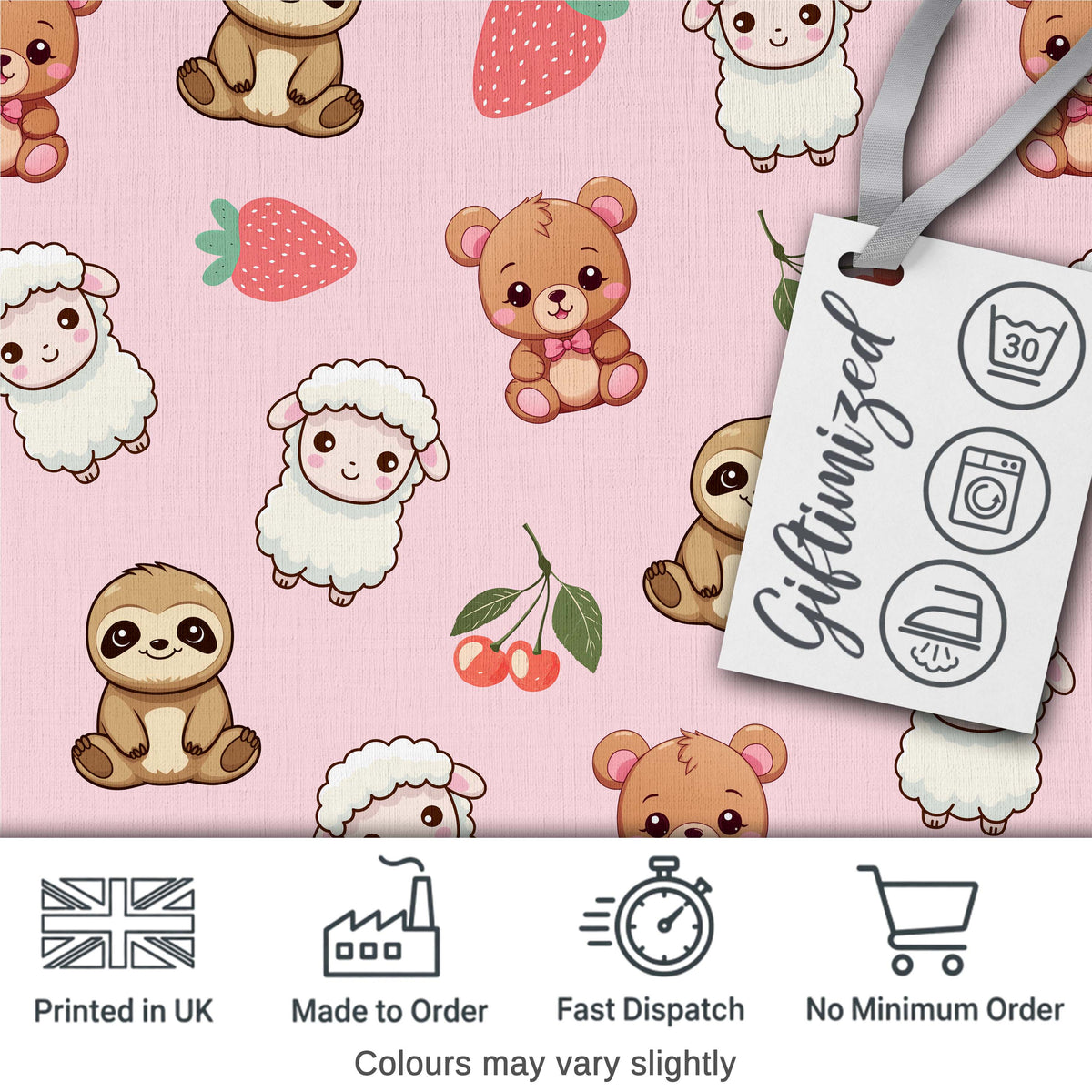 Cute Cute Baby Animals Bear Sheep Sloth Strawberry Cherry Pink Background Digital Print Fabric by the Metre UK Sewing Quilting Textile
