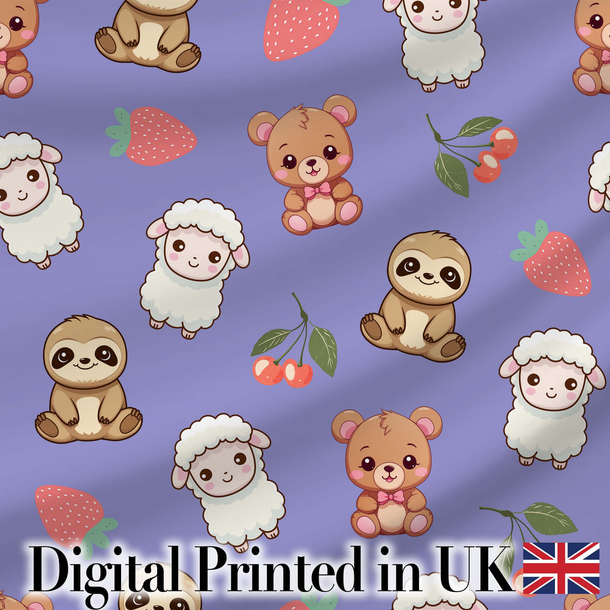 Cute Baby Animals Bear Sheep Sloth Strawberry Cherry Purple Background Pattern Digital Print Fabric by the Metre UK Sewing Quilting Textile