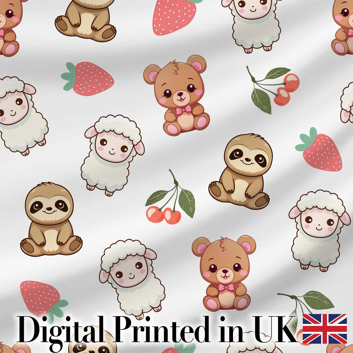 Cute Baby Animals Bear Sheep Sloth Strawberry Cherry Light Grey Background Digital Print Fabric by the Metre UK Sewing Quilting Textile